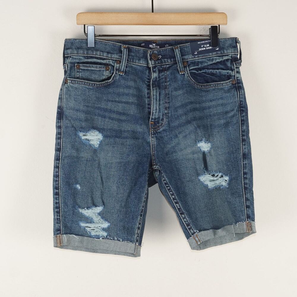 NEW Hollister Epic Flex Slim Fit Denim 9" Blue Ripped Shorts Mens Sz 31